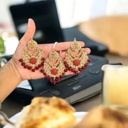 Fancy Gold Plated Crystal Earrings Set of 3 Red Brown