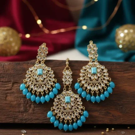 Turkish Design Gold Plated Blue Crystal Earrings Set 3 Pcs