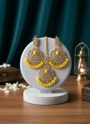 Turkish Design Gold Plated Crystal Earrings Set Yellow 3 Pcs