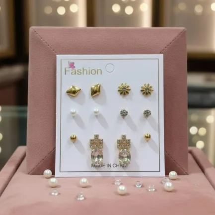 6 Pair Gold Plated Crystal Stud Earrings Set