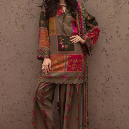 Brown Printed Lawn 3 Pcs Women Suit Set