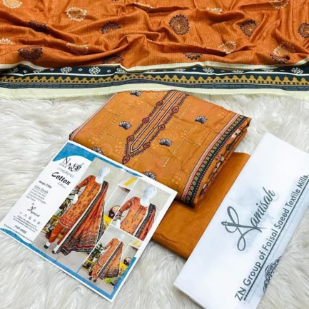 Orange Embroidered Lawn 3Pcs Women Suit Set