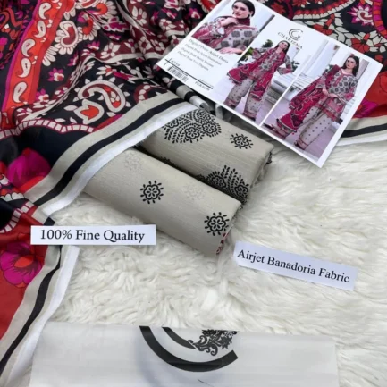 Women Printed Lawn Suit 3 Pcs Brown Eid Ramadan