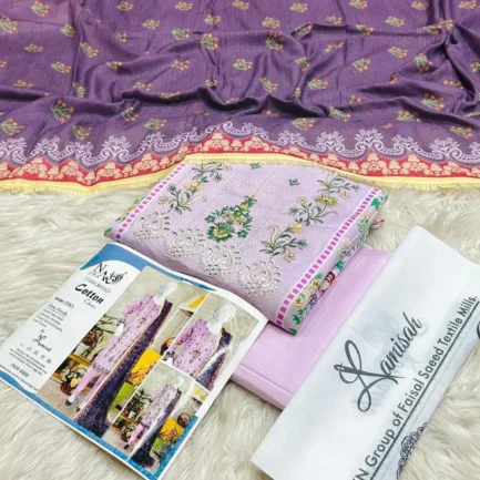 Purple Embroidered Women's 3Pcs Cotton Lawn Suit Set