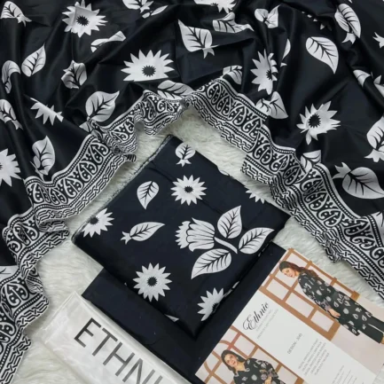 3 Pcs Women's Black Lawn Suit Digital Print Set