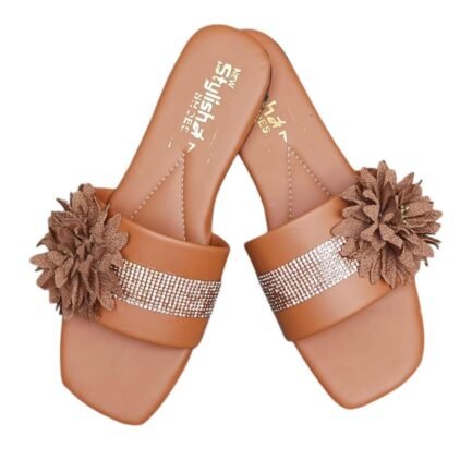 Women's Brown Flower Rhinestone PVC Slides