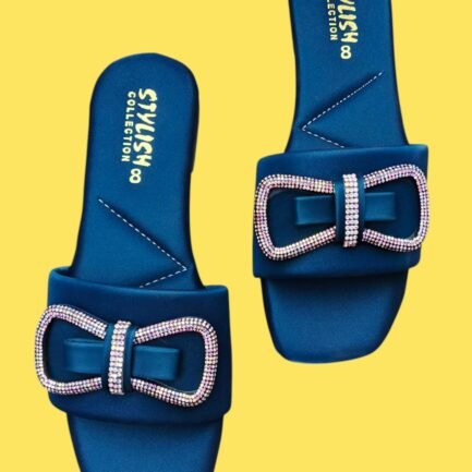 Blue Rhinestone Bow Satin Slides for Women