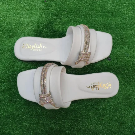 White Rhinestone Women's Fancy Slides Size 6-10
