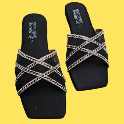 Black Satin Rhinestone Women's Fancy Slides Size 7-11